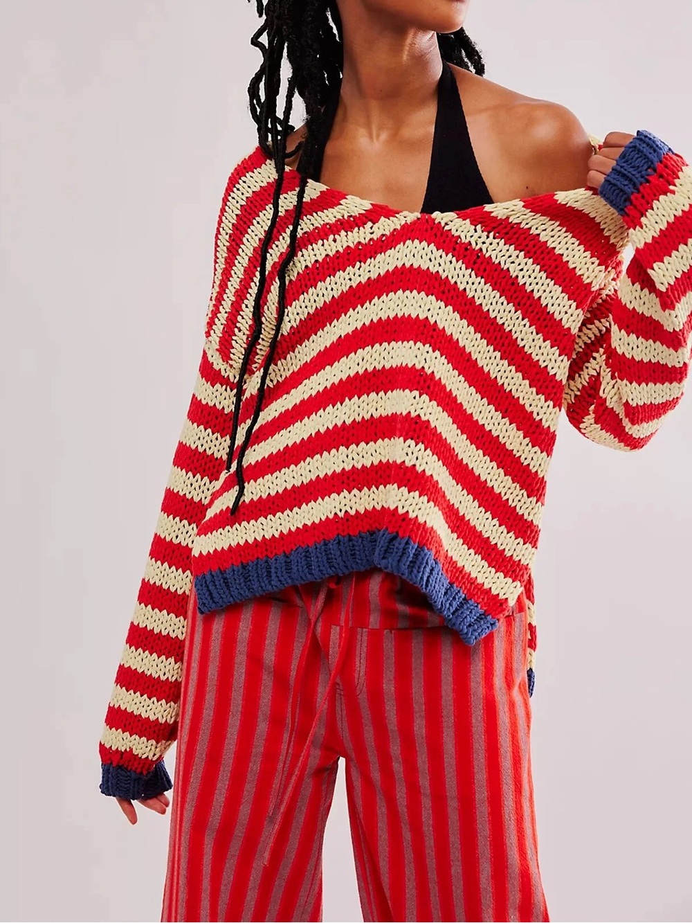 Free People Portland Striped Cotton Pullover Red Sweater - Picture 1 of 5